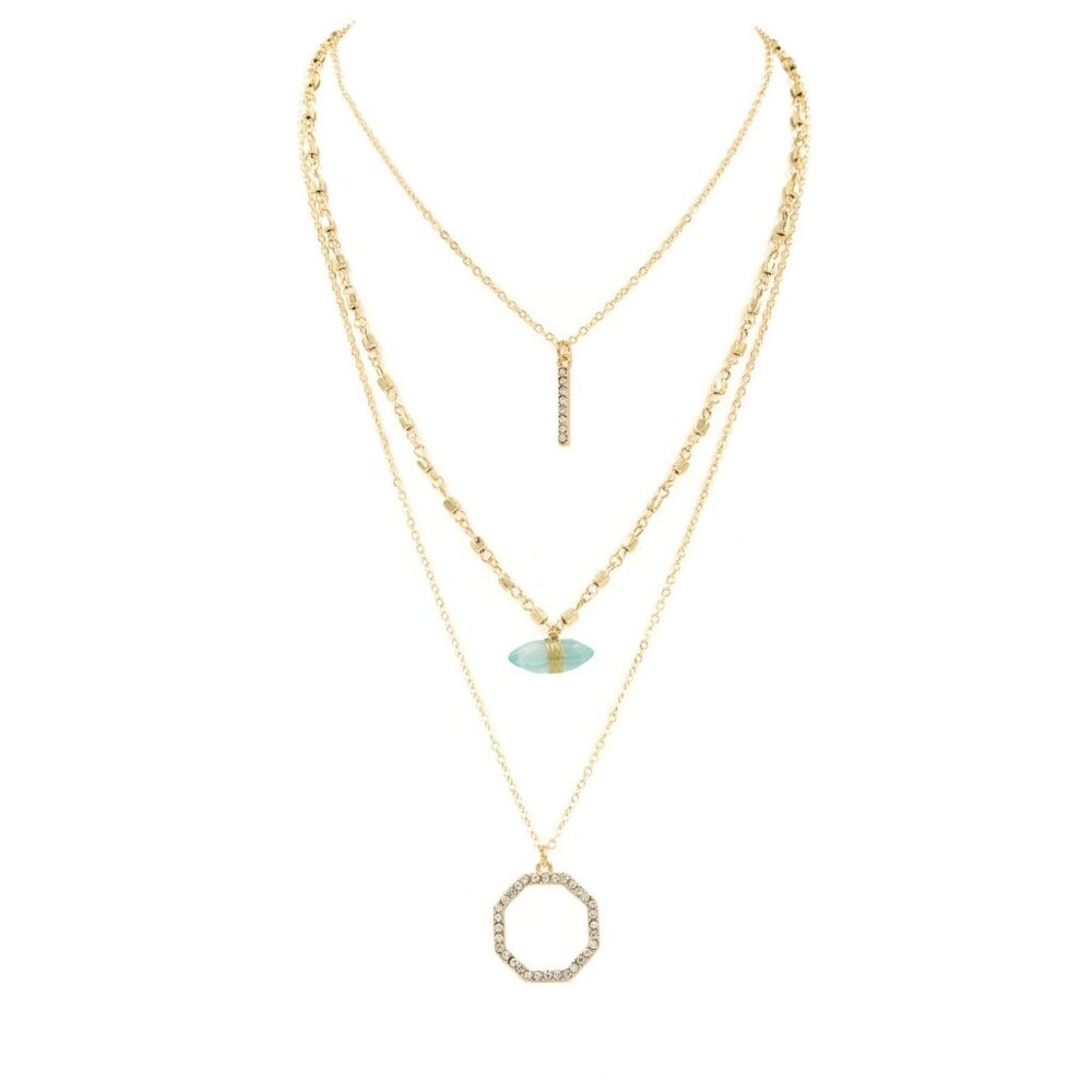 TRENDING FASHION Layered Style Aqua Quartz Stone Goldtone Necklace 15 3/4" NWT